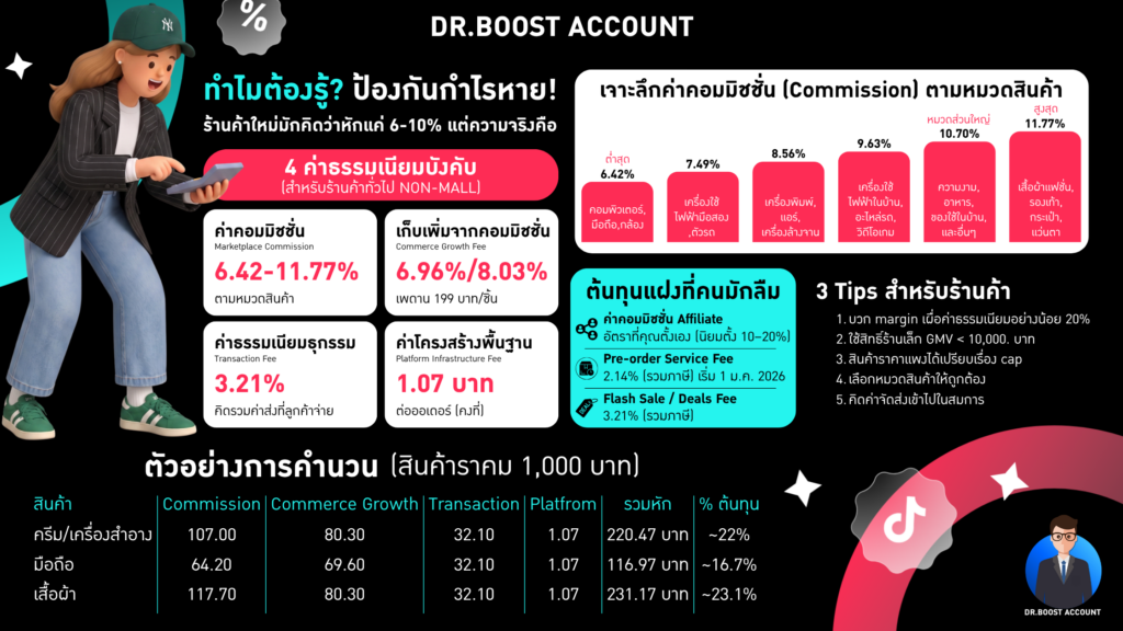 สรุปค่าธรรมเนียม TikTok Shop 2026 ทั้งหมด — 4 ค่าธรรมเนียมบังคับ ค่าคอมมิชชั่นรายหมวด และต้นทุนจริง 16-23%